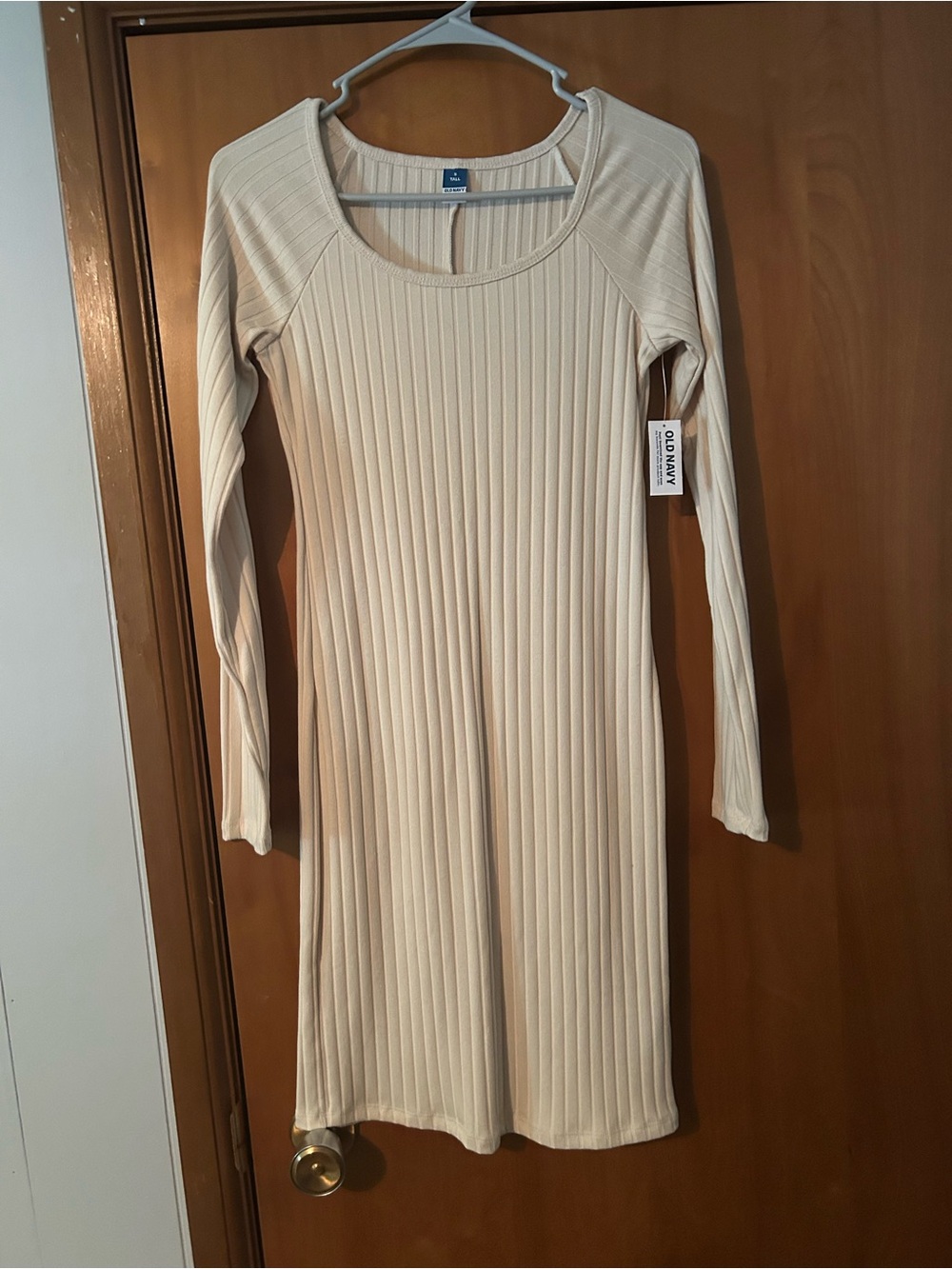 Old Navy Cream Ribbed Scoop Neck Long Sleeve Dress